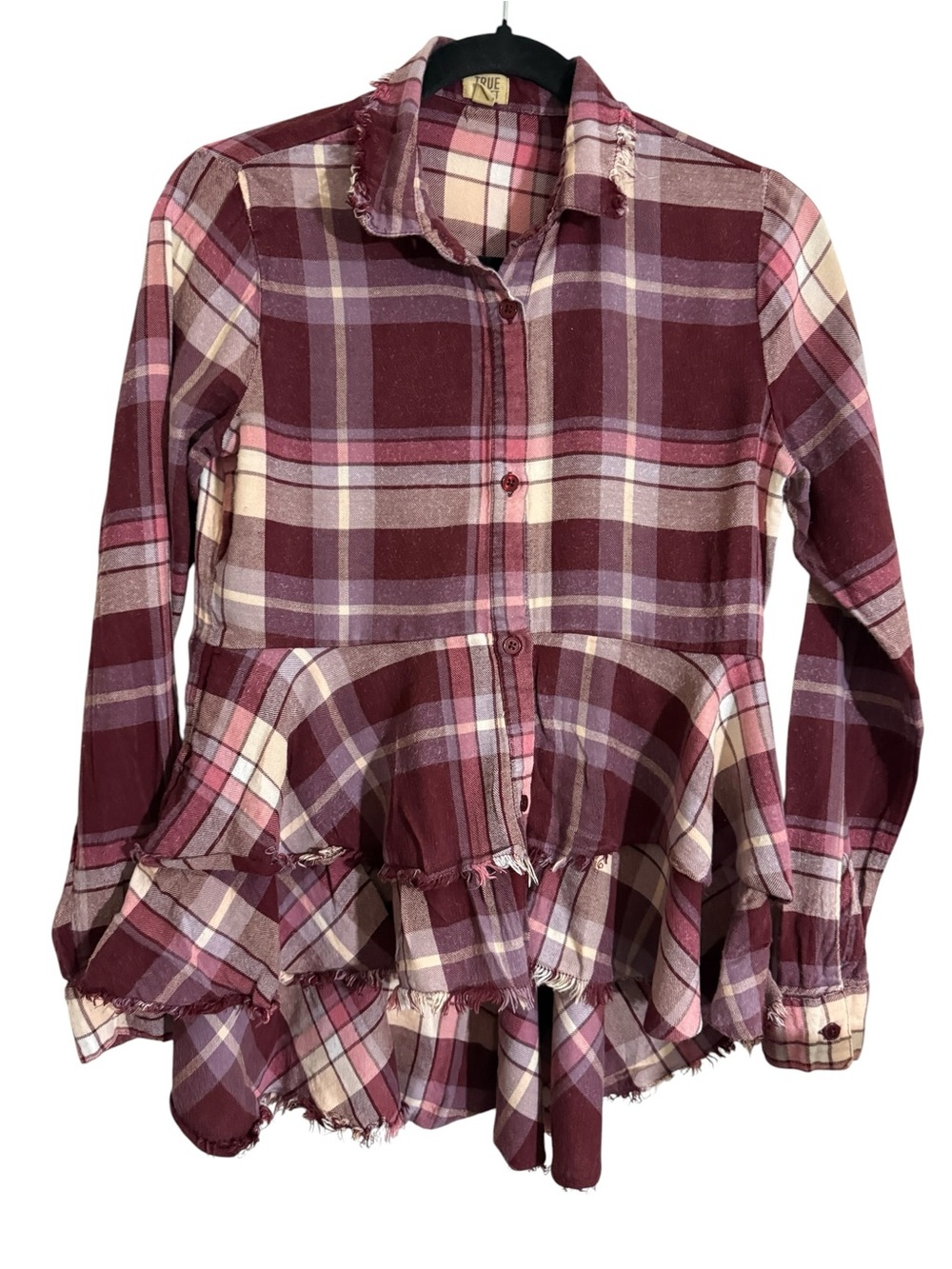 True Craft Plaid Flannel Top - Burgundy, Pink, Cream